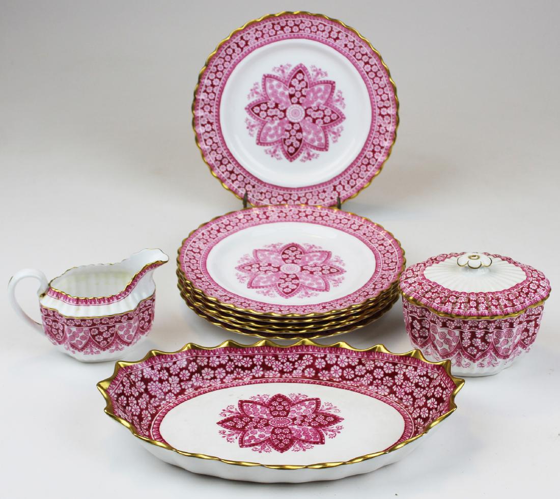 Spode Primrose bone china porcelain dessert set: Spode "Spode's Primrose" bone china porcelain magenta Indian motif dessert set including oval cake basket dish, 6 dessert plates, and sugar and creamer, plates 7.75" dia.