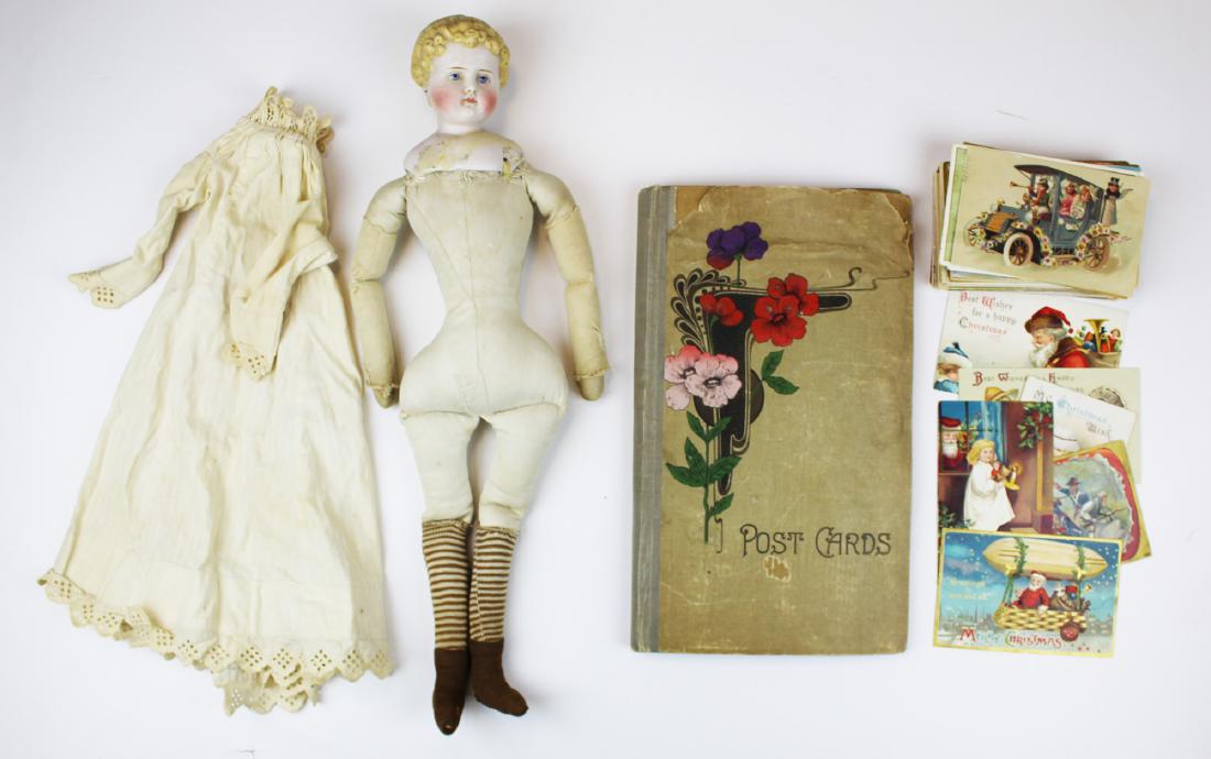 good occasion postcards including Clapsaddle: approximately 60 occasion postcards including several Ellen Clapsaddles, few printed photo cards, damaged doll