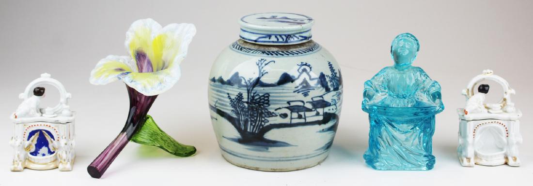 group of porcelain and glass incl. Canton: group of assorted porcelain and glass including 19th c. Canton blue and white ginger jar, Murano style art glass blossom vase, French aqua colored art glass figurine of peasant girl with extended apro