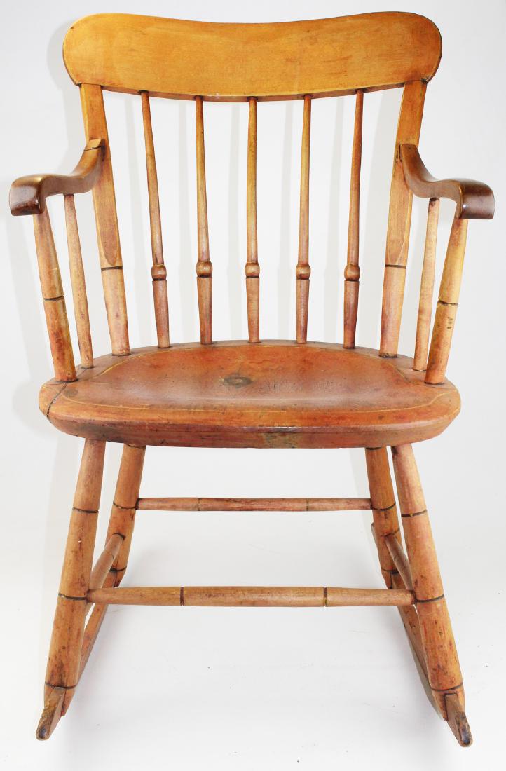 early 19th c Windsor rocker: early 19th c Windsor rocker with arms, old note on bottom "from the Sever family of Kingston" ht 37"