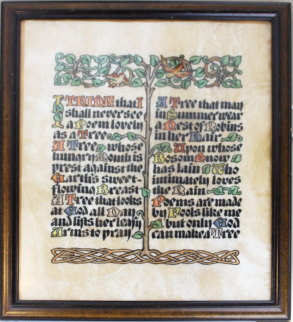 Robert Wilson Hyde (1875-1951) Illuminated page: Robert Wilson Hyde(1875-1951) Arts & Crafts era, Illuminated manuscript page with Joyce Kilmer "Trees" poem on vellum with original Hyde label reverse dated 1916, 13x 11"