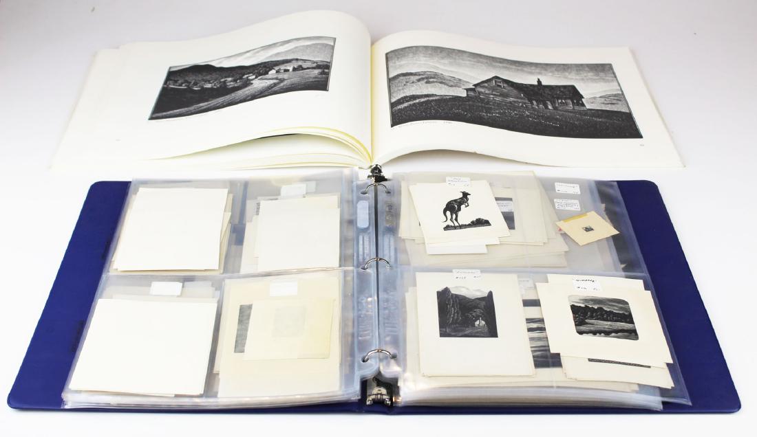 Asa Cheffetz (Am 1896-1965): Asa Cheffetz ( 1896-1965) binder of approximately 200 miniature wood engravings (around 50 individual images many with multiples) also comes with a linotype plate and copy of Cheffetz book New England