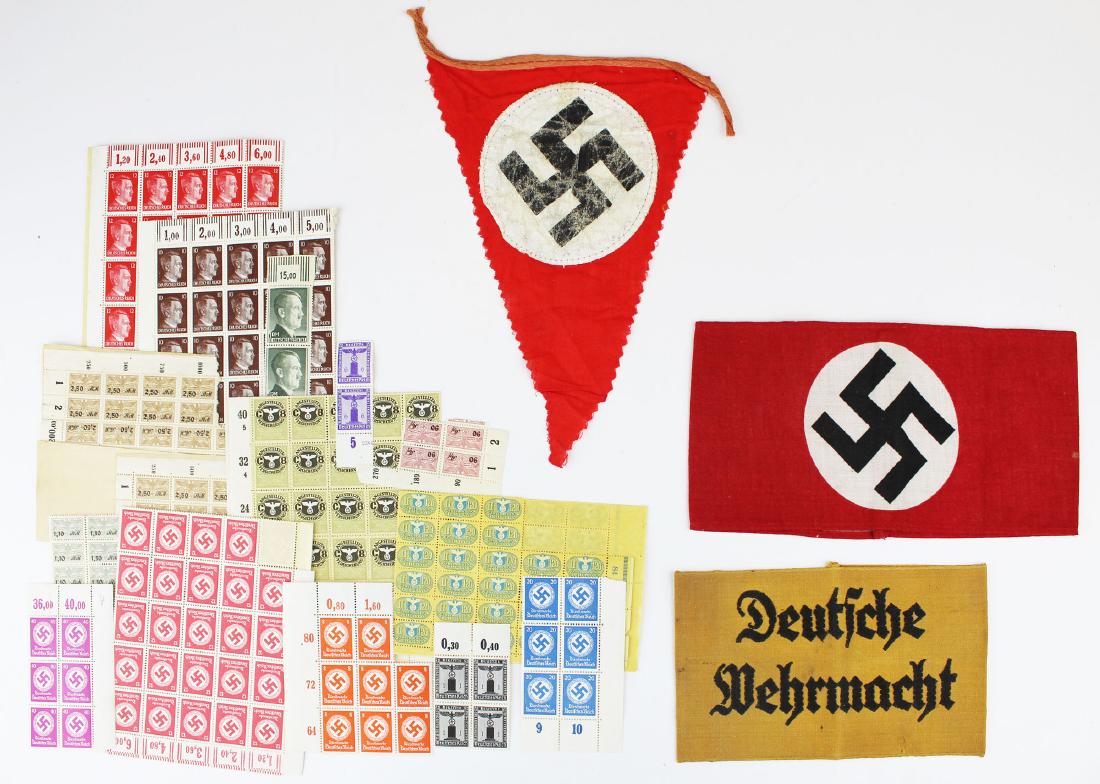 Nazi WWII Third Reich stamps, armbands, pennant: lot including Nazi WWII Third Reich stamp sheets, Swastika armband, Deutsche Wehrmacht yellow armband, pennant