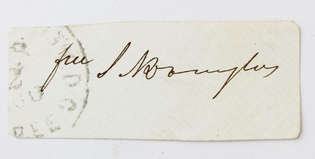 ca 1860 Stephen A. Douglas signature/ autograph: ca 1860 Stephen A. Douglas franking privilege signature/ autograph cut from an envelope (1813-1861, US Senator from Illinois, Lincoln's failed opponent in 1860)