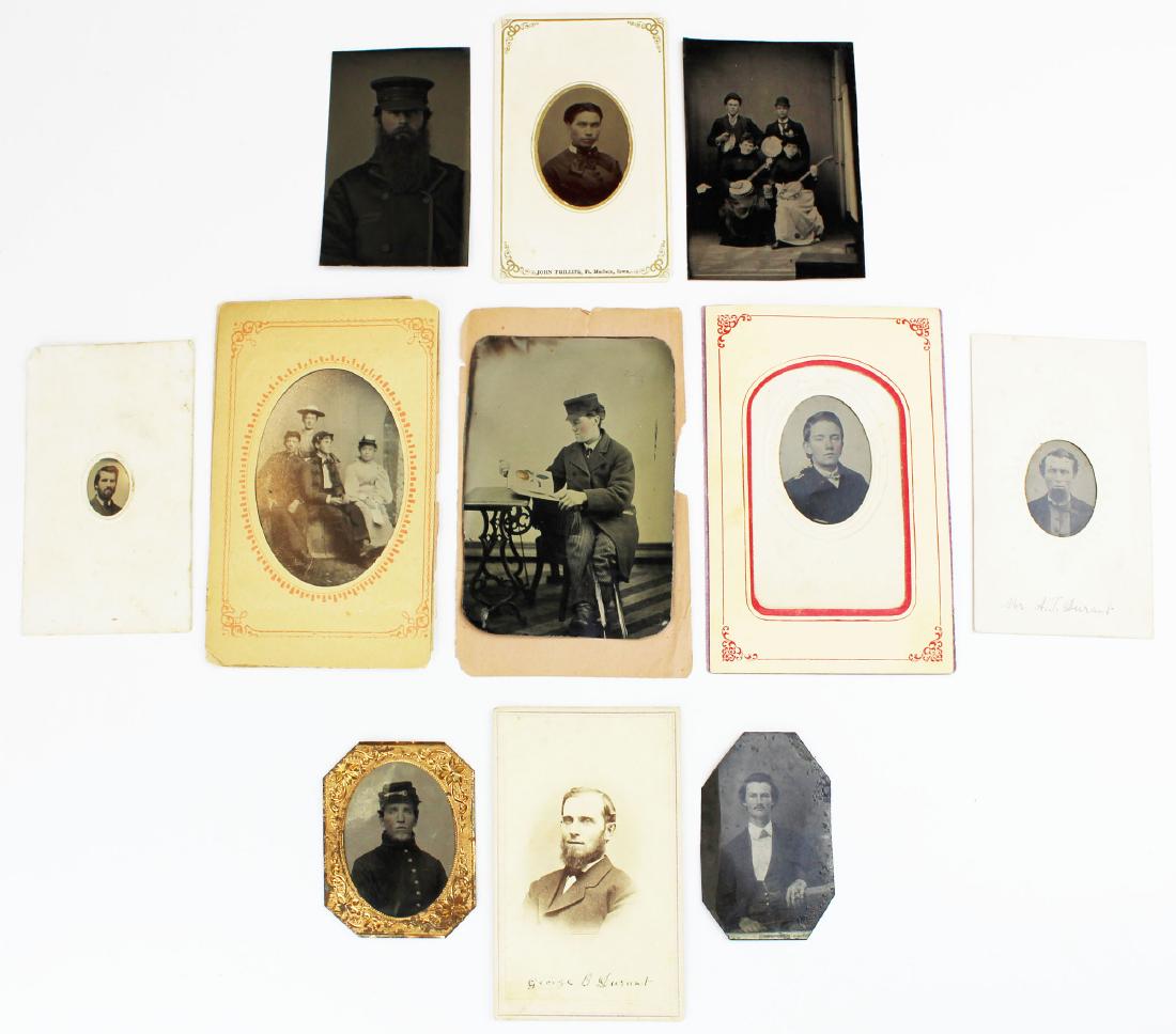 group of late 19th c tintypes including soldier: group of late 19th c tintypes including soldier (12 pcs), some identified as Durant family West Randolph, VT area, ca 1880 John Phillips, Ft Madison, Iowa hand colored tintype of beautiful young woman