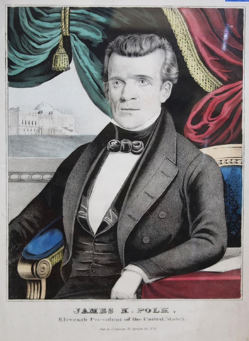 mid 19th c Charles Currier print James Polk: mid 19th c Charles Currier hand colored print of President James E Polk, 16 1/2" x 12 3/4"
