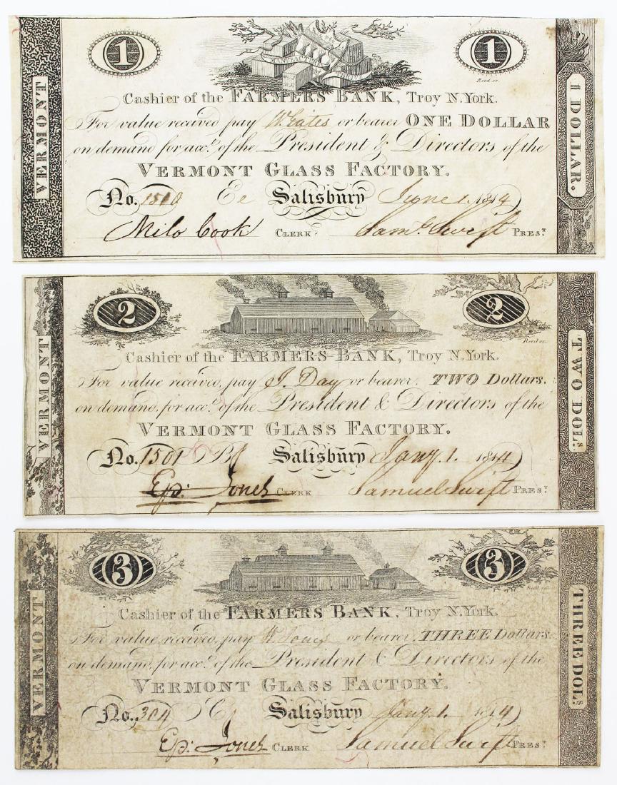 1814 Vermont Glass Factory obsolete bank notes: 1814 Vermont Glass Factory obsolete bank notes- $1, $2, $3, Salisbury, VT, drawn on the Farmer's Bank of Troy, NY