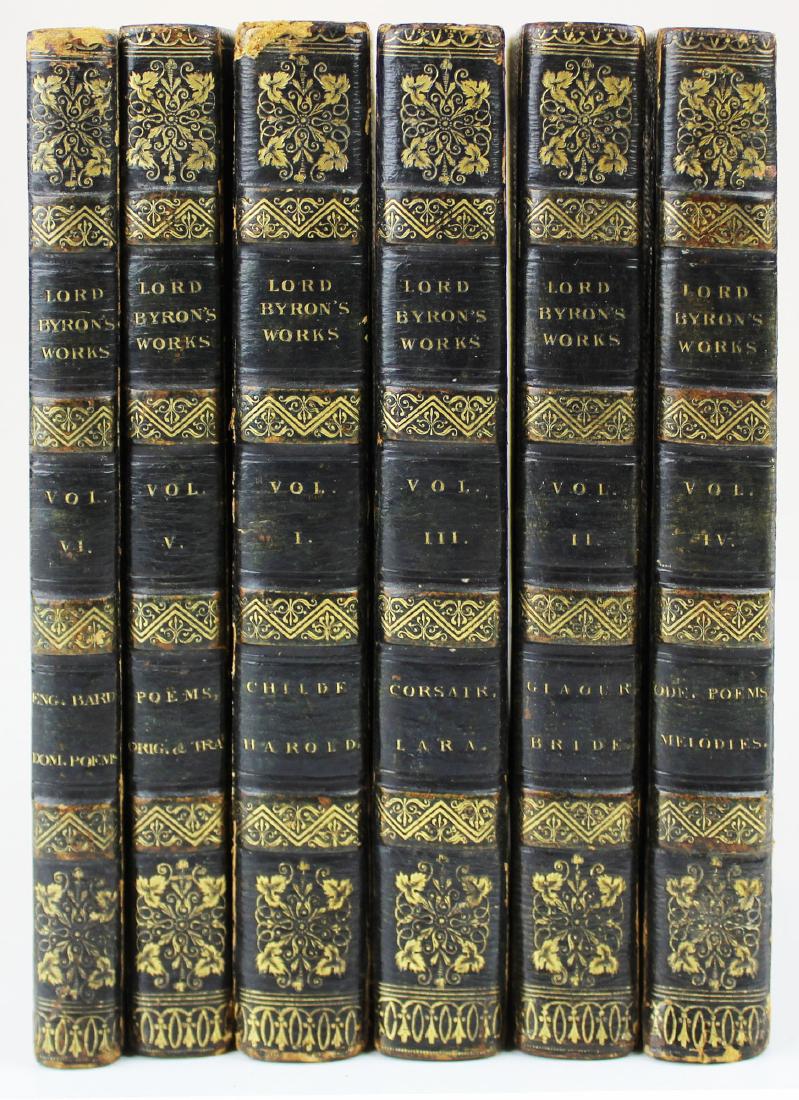 1808-1816 Lord Byron Collection of Works: 1808 Lord Byron "Poems" (2nd ed) Ridge, Newark, 1811 "English bards" (4th ed), 1816 Lord Byron's Works (4 vols), John Murray, London, (6 volumes), matching full calf with gilt covers, slight to modera