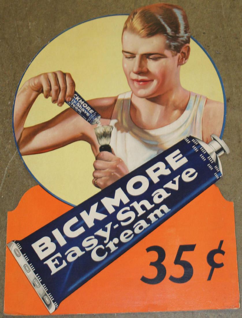 Bickmore store display ad: Bickmore Shaving cream cardboard stand up store display advertisement , minor warping, dings etc associated with age 31 x 21"
