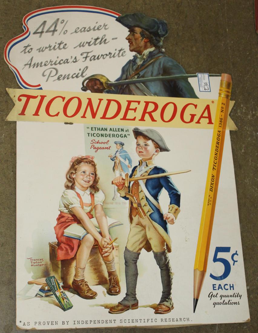 Ticonderoga Store Display Ad: Francis Tipton Hunter illustrated Ticonderoga Pencils store standup ad Ethan Allen at Ticonderoga 36 x 24"