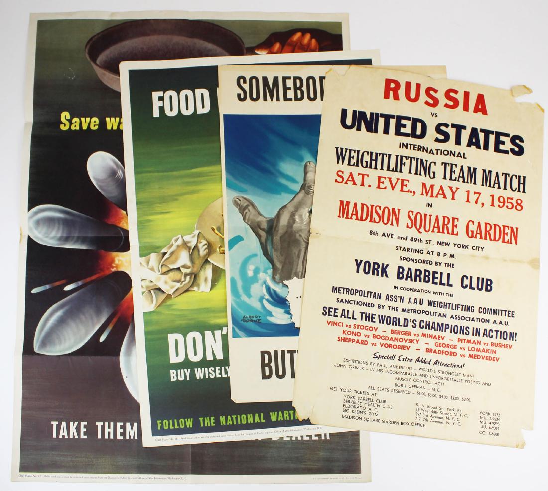 lot of 4 WWII and Cold war Era posters: lot of 4 vintage WWII and Cold war Era posters including 3 Office of War Information propaganda posters "Save Waste Fats for Weapons" (1943), "Food is a Weapon, Don't Waste It!" (1943), "Somebody Blab