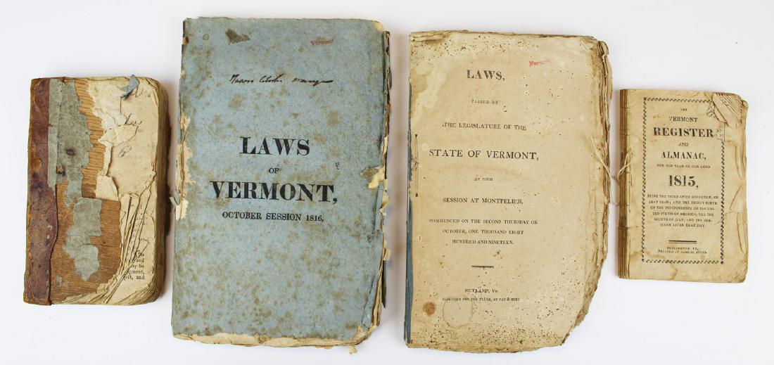 1816, 1819 Laws of Vermont, Burlington imprints: 1816, 1819 Laws of Vermont 2 early Samuel Mills Burlington imprints, -as found, rough condition