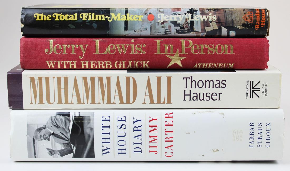 four celebrity signed books: Jimmy Carter, Mohammed Ali, Jerry Lewis signed books
