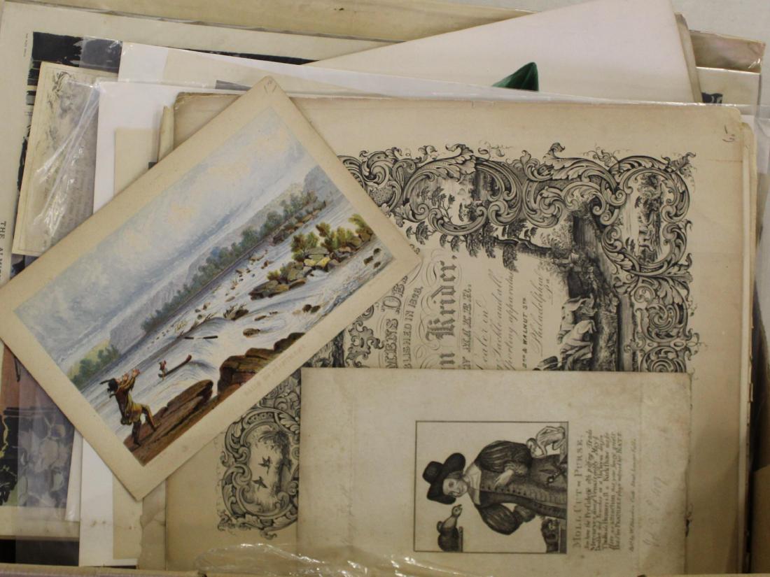 Lot of Prints and Engravings: Falls of St. Anthony; Moll Cut Purse Engraving; Sportsmen Depot Ad; Many Bartlett's Views;