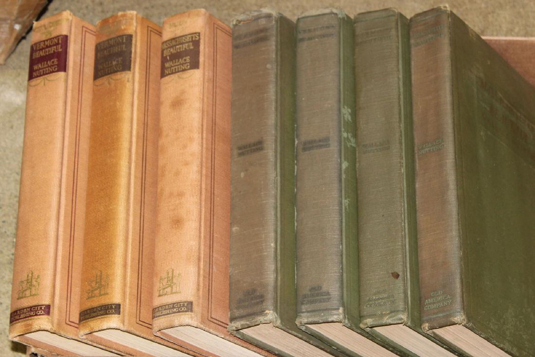 7 vols. Wallace Nutting Vermont Beautiful, others: 7 vols. Wallace Nutting Vermont Beautiful and Massachusetts Beautiful in canvas and green cloth bindings.