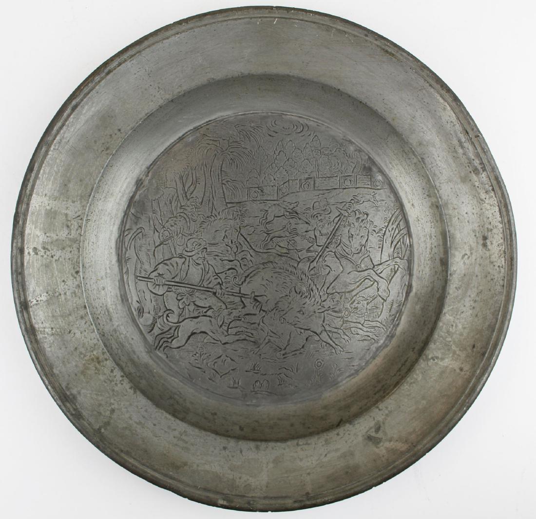 18th c pewter plate w/ engraved hunting scene (1 of 4)