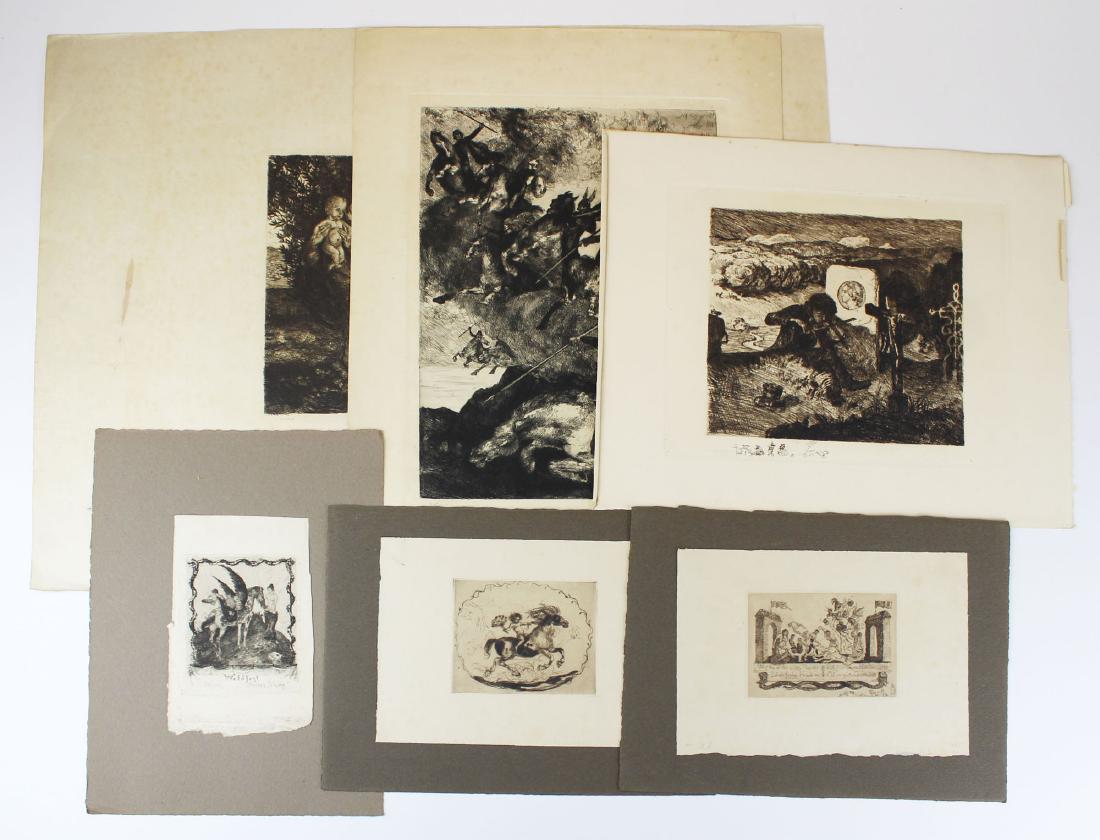 6 19th c Albert Welti engravings: six Albert Welti engravings (Swiss 1862-1912), hand titled & signed "Walkuren (Valkyries)" plate size 15 1/2" x 11 5/8", overall 21" x 15 1/2", "Violinist by a Grave" plate size 12 1/2" x 10 5/8", ove