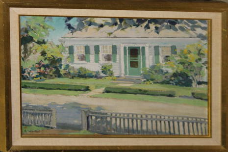 Oil on canvas spring cottage by Arrah Lee Gaul: Oil on canvas of a cottage in spring signed Arrah Lee Gaul (PA 1883-1980) 16" x 20" in later frame.