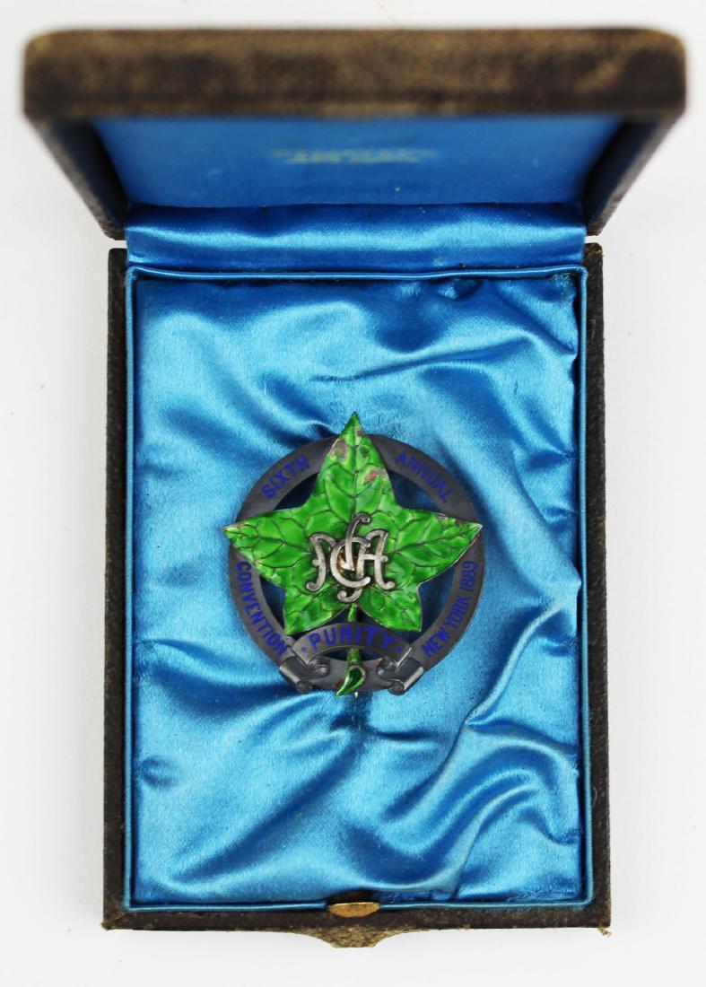 Tiffany & Co sterling & enamel medal: Tiffany & Co sterling and enamel decorated round medal "Sixth Annual NCA Convention Purity New York 1889" National Christian Association-a anti fraternal and Masonic association- In its original leath