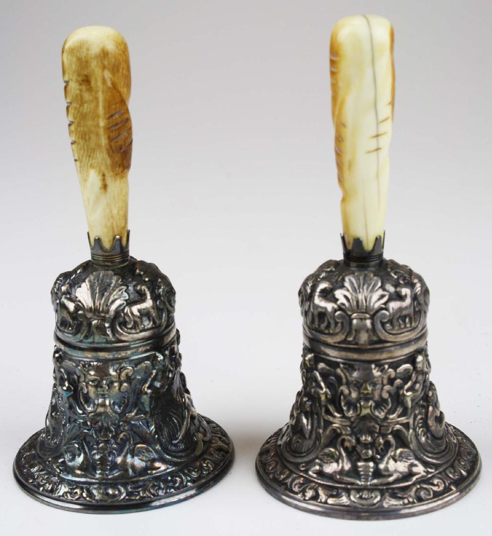2 Gorham "Old Florentine Bell" dinner bells: 2 Gorham "Old Florentine Bell" late Victorian Italian Renaissance revival style repousse silver plated dinner bells with simulated bone handles 6" x 3"