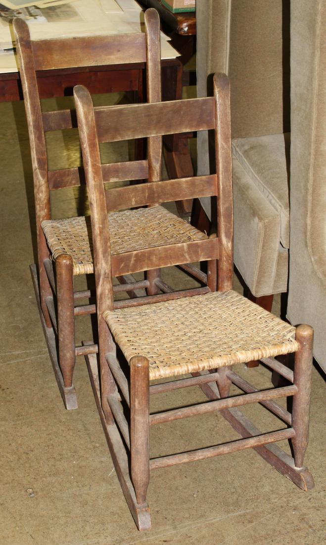 pr of 19th c Canadian rabbit ear rockers: pr of 19th c Canadian rabbit ear/ mule ear rockers with rush seats