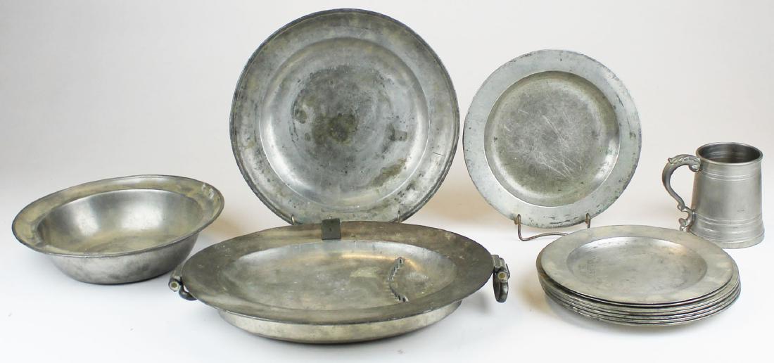 18th- 19th c pewter warming platter, basin, plates (1 of 1)