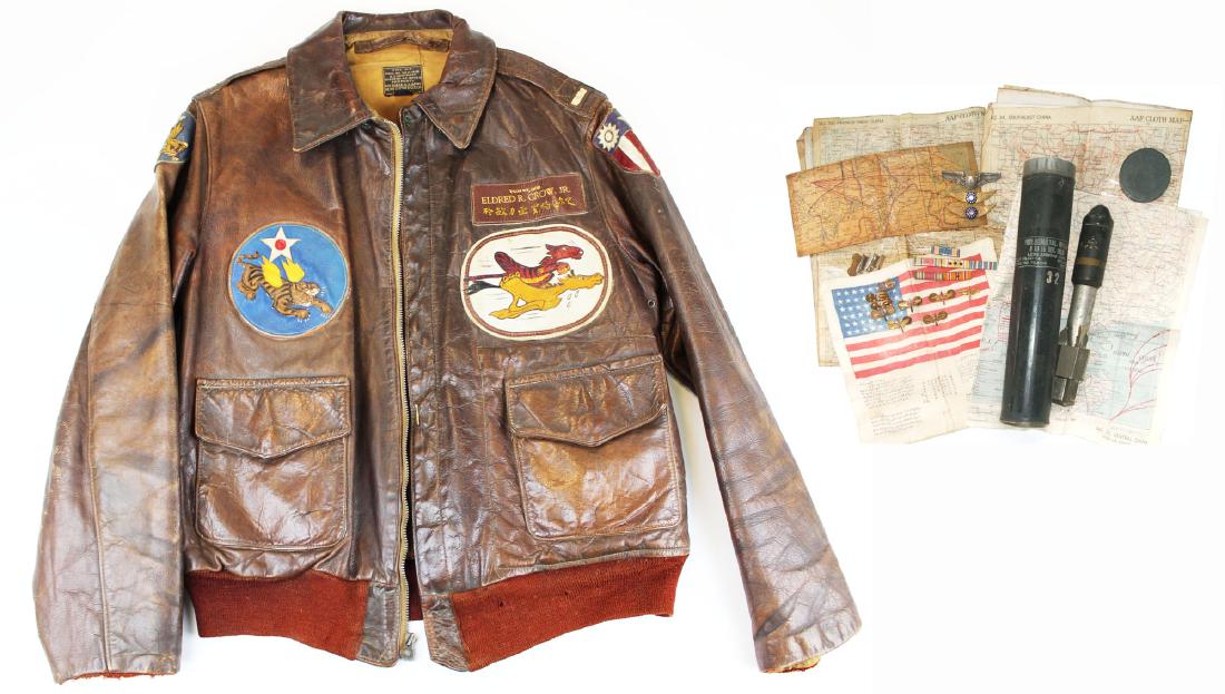 WWII era A-2 Leather Jacket with Flying Tigers insignia: WWII era Aero Leather Co- A-2 leather jacket Size 40 with leather unit patches associated with Flying Tigers Lt shoulder straps painted on with moniker Old Crow painted on back- Jacket owner identifie