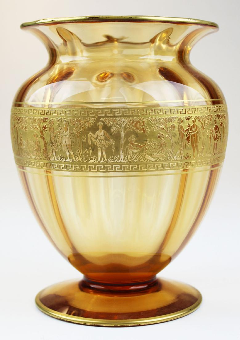 Cambridge amber glass vase with engraved frieze: Cambridge 1920's Elegant Depression Era amber footed ribbed glass vase with gilt engraved frieze depicting classical figures in garden, with Greek key borders 7.5" -5.5"