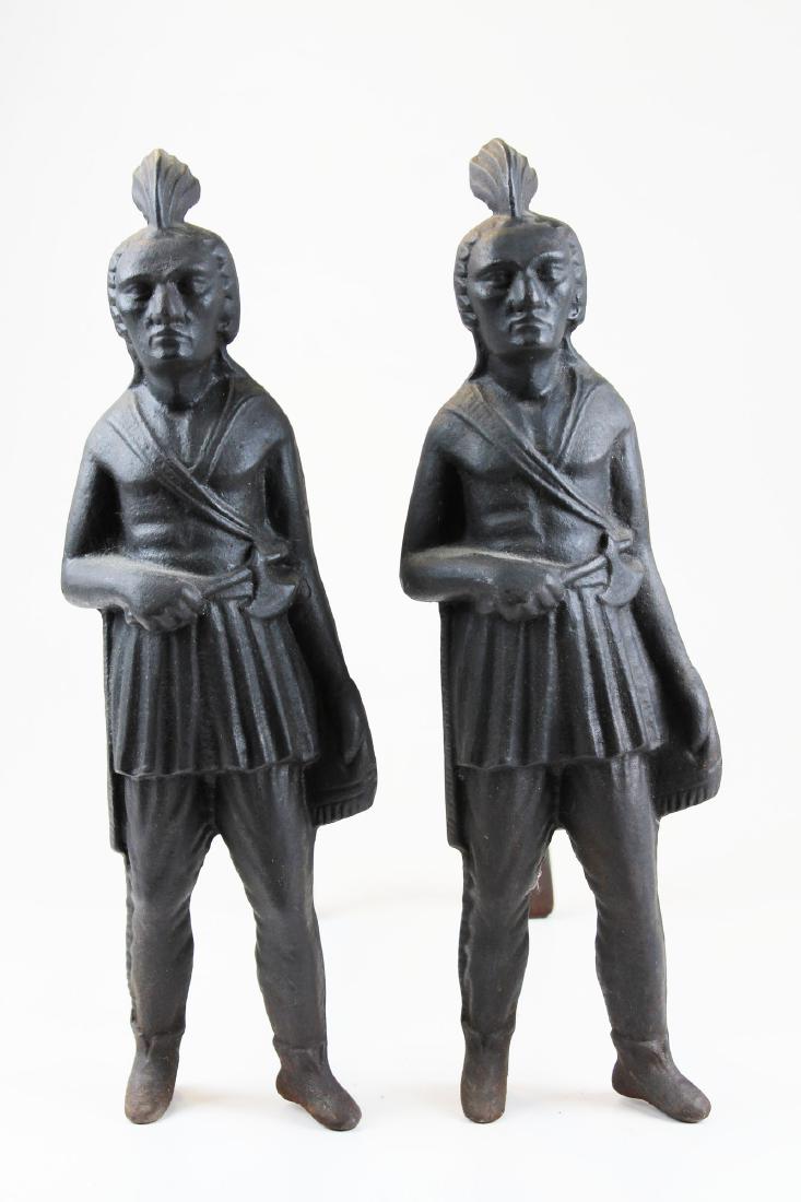 late 19th- early 20th c Indian andirons: late 19th- early 20th c Indian andirons (version with tomahawk), ht 19 1/2"