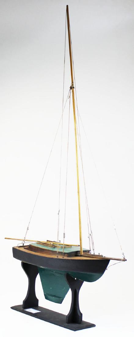 ca. 1900 handmade pond boat on stand: fine ca. 1900 handmade pond sail boat on display stand 48" x 29" -missing sails