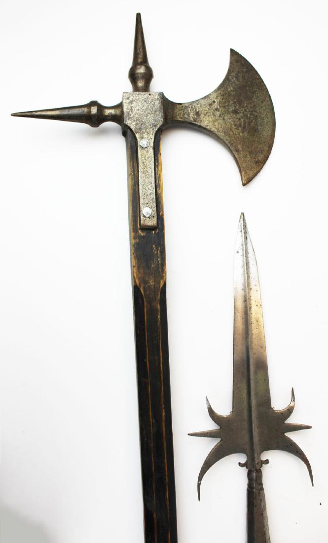 Two 19th c Weapons: 19th c Ranseur or Partisan /Pike and 19th c Battle-axe/pick both with replaced handles