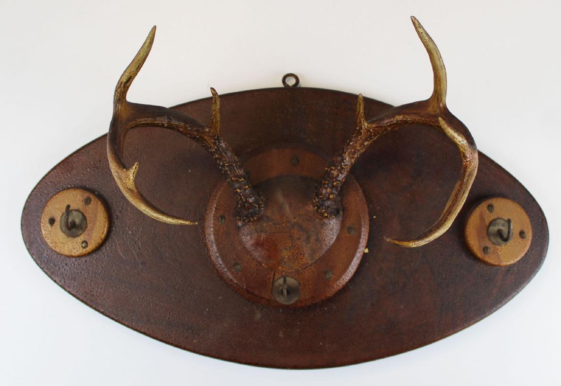 19th c Whitetail trophy mount: 19th c Whitetail trophy mount coat rack 24 x 12" on walnut panel old aligatored finish