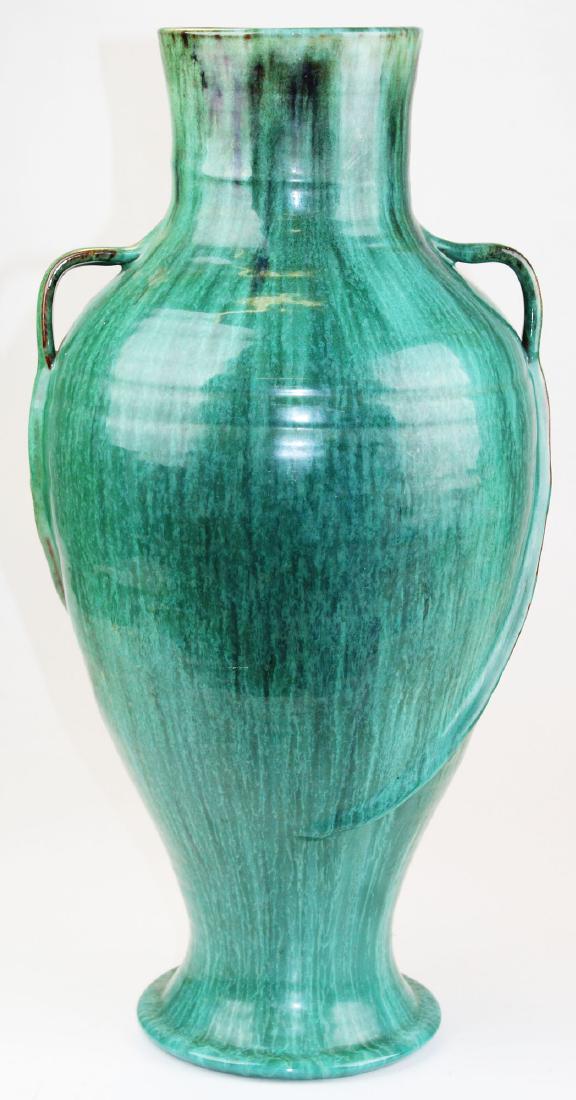 Monumental Cole North Carolina Pottery vase: Monumental Arts and Crafts style hand thrown double handled amphora form pottery vase with malachite blue-green mottled glaze, attributed to Cole Brothers Pottery of North Carolina 24" -12"