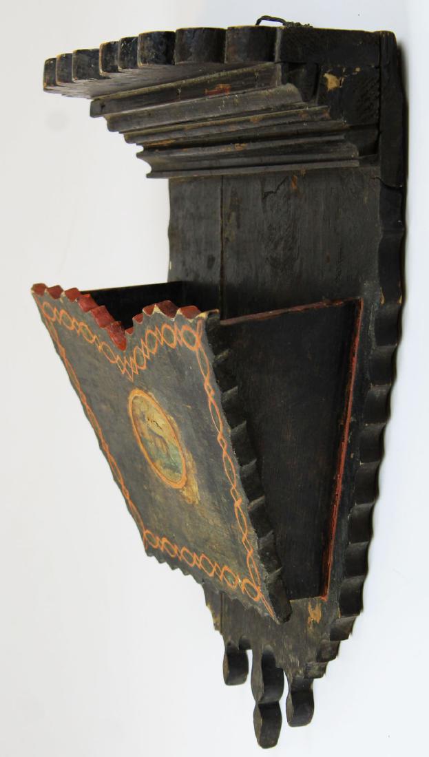 Victorian folk art jigsaw decorated wall pocket: Victorian cottage style folk art jigsaw scroll decorated wall pocket and clock shelf with orange paint decoration and applied lithograph stag 18.5" x 15"