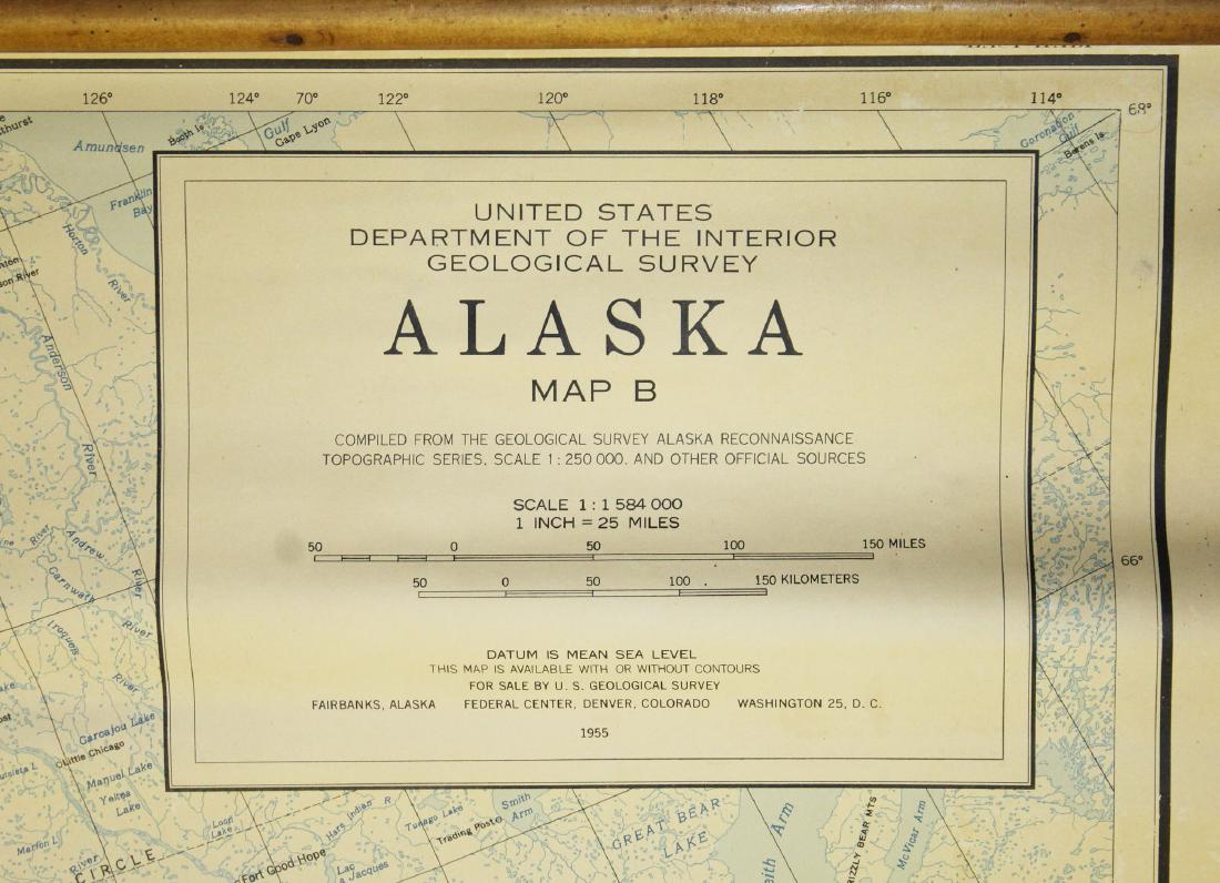 1955 wall map of Alaska: 1955 US geological Survey wall map of Alaska (map B), on original rollers, 4'3" x 5' 7"