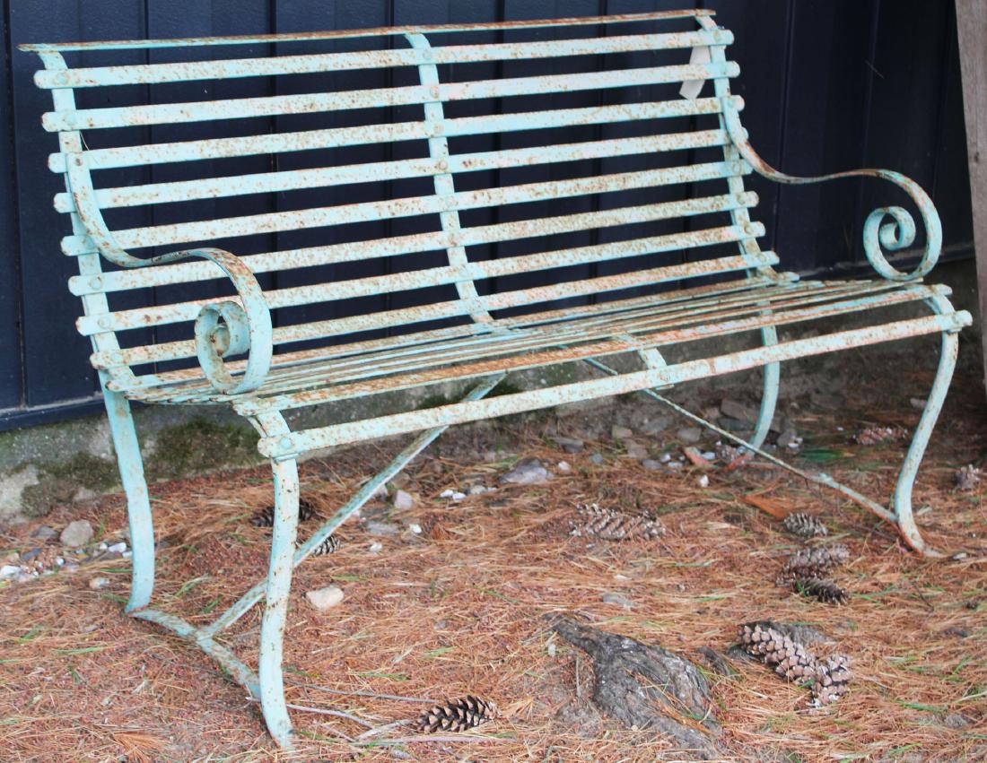 early 20th c. wrought iron park bench: early 20th c. wrought iron park bench with scrolling ends, metal slat back and seat, in pale green paint 49" x 30"