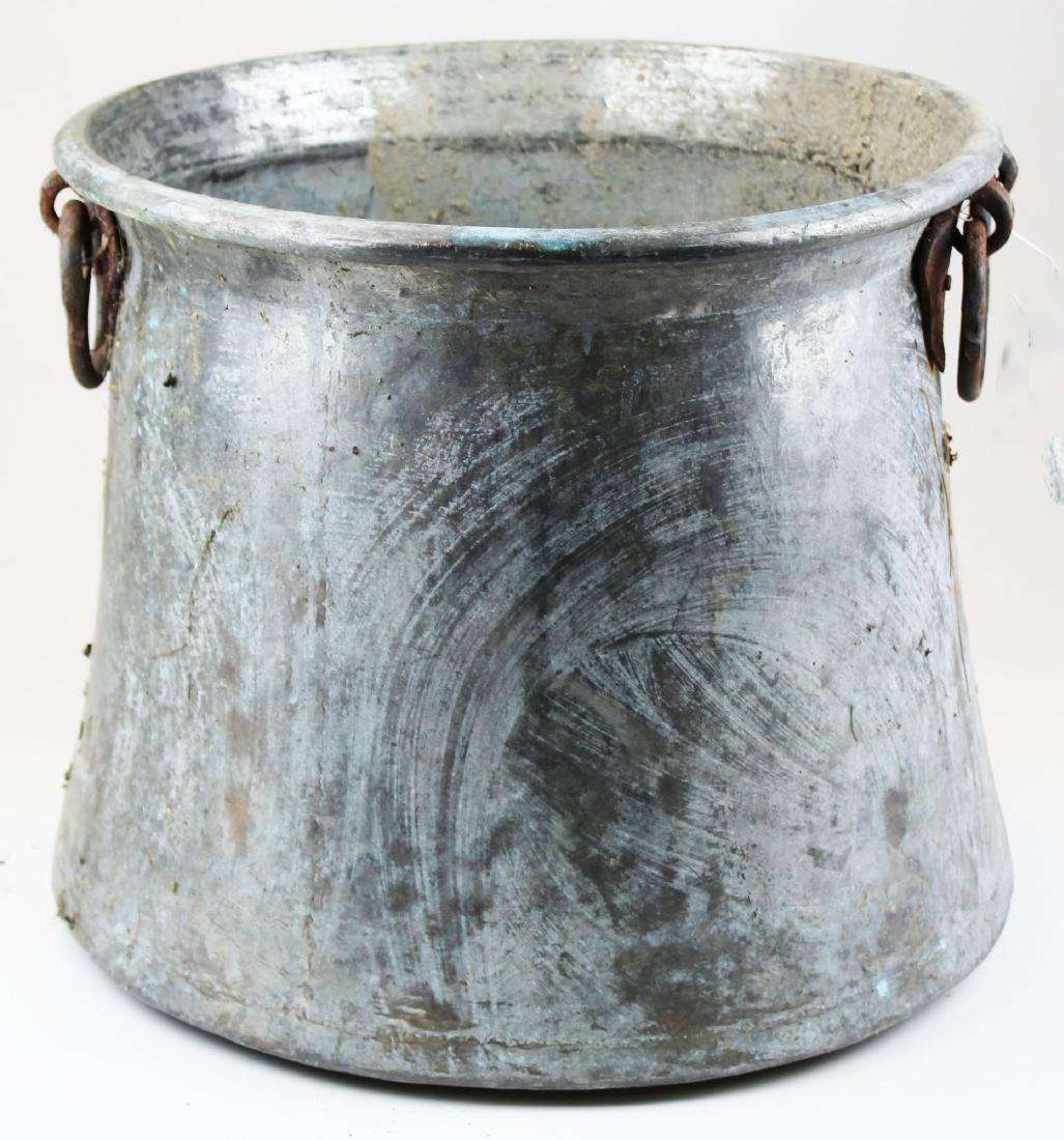 large European handwrought kettle: large European handwrought metal kettle with iron swing handles 15.5" x 18"