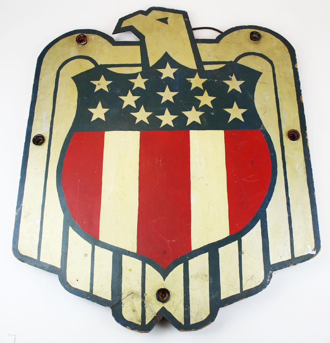 WWII era handmade patriotic eagle shield: WWII era handmade painted Masonite cut-out patriotic eagle shield with light sockets-repair to lower corner 30" x 24"