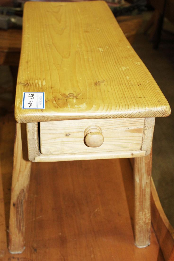 country pine sorting table and small end table: refinished country pine pegged taper leg sorting table with back splash and small Irish pine 1 drawer end table