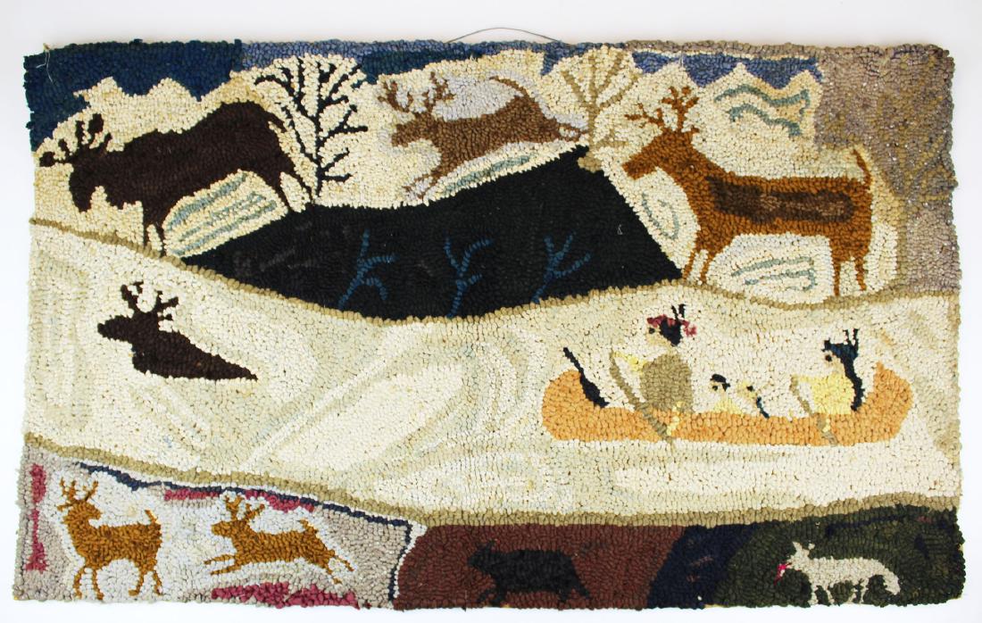 folky Indians hunting moose hooked rug: folky Indians hunting moose hooked rug, 2' x 3' 4"