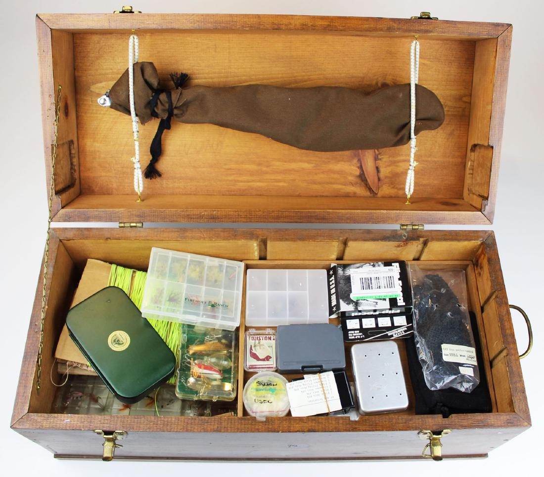 Large Custom Fishing Chest: Large custom fishing chest -pine construction loaded with accessories, lures, folding net, fly lines etc 11 x 12 x 25"
