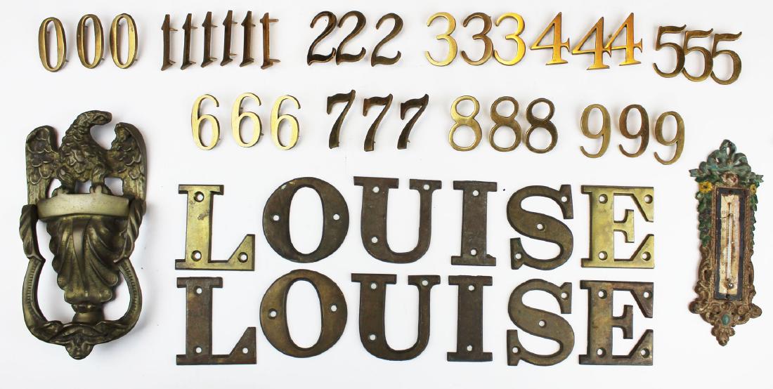 Brass letters, door knocker, and iron thermometer: Brass letters and numbers, including vintage door numbers from the Saranac Inn, Saranac Lake, NY, large letters spelling "Louise" twice (probably from an old private yacht), brass eagle door knocker,