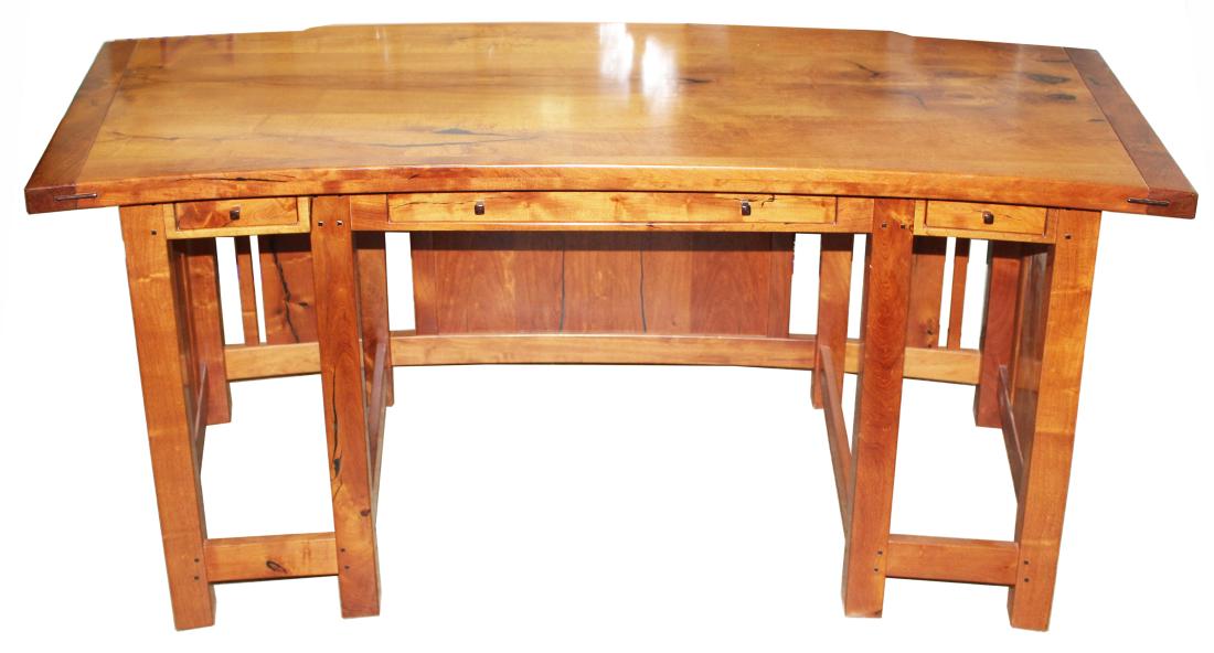 Arroyo Design mesquite wood Mission desk: Arroyo Design, Tucson AZ custom hand-built mesquite wood Mission style curved desk in outstanding condition, original purchase price $16,000, length 6', ht 30", depth 30"