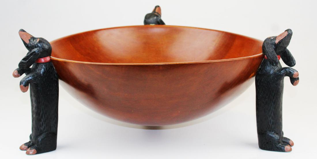 Stephen Huneck design wooden bowl: Stephen Huneck design wooden bowl, three figural dog supports, diameter 16 1/2", ht 8 1/2"