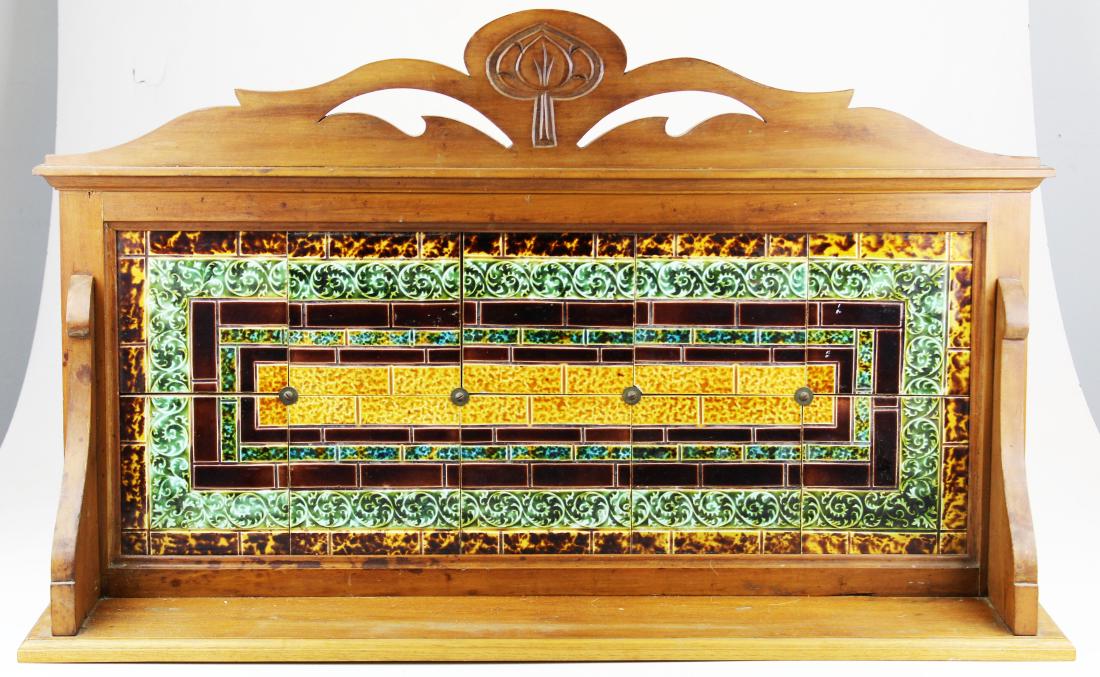 ca 1900 majolica tile serving table back: ca 1900majollica tiled serving table backsplash, length 34", ht 22"