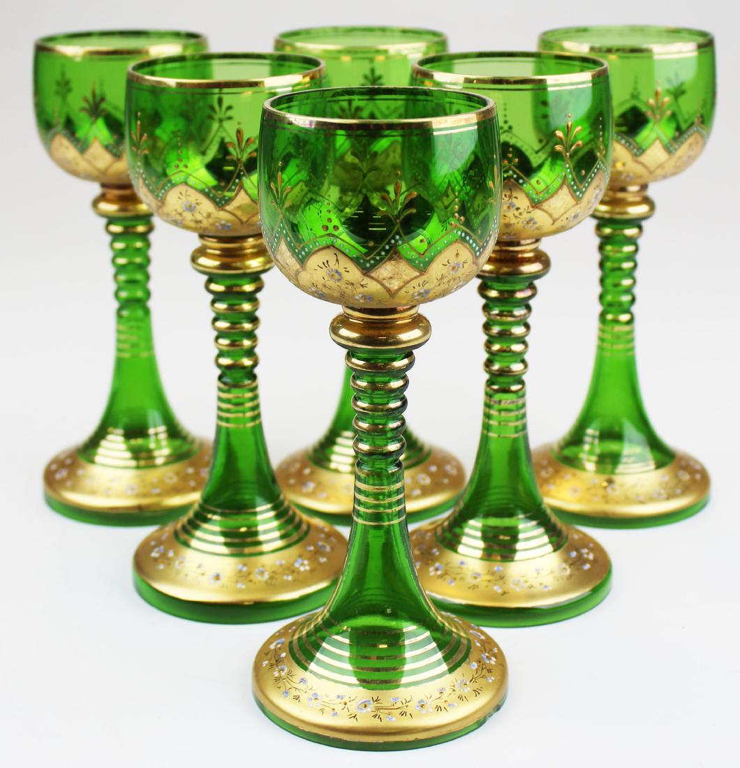 6 Bohemian emerald roemer wine goblets: set of 6 Bohemian emerald green roemer wine goblets with gilt and raised enamel floral decoration 7.75" x 3.25"