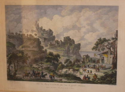 two 18th c French engravings after Alix: two 18th c French landscape engravings after Pierre-Michel Alix (1762-1817), hand colored, 10 1/2" x 16"