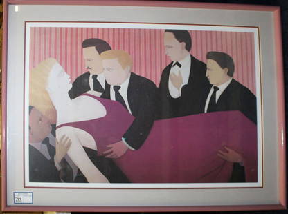 Andrew Stevovich colored print: Andrew Stevovich Fallen Diva colored print pencil signed A V STEVOVICH 82. Image size 29" x 19". 5 formal dressed men holding blonde woman.