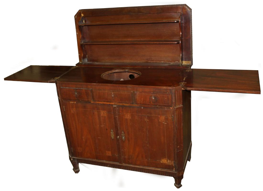 Federal inlaid basin commode: Rare Federal inlaid basin commode, fold out top with wings, two over one drawers, dentil molding, chestnut secondary wood, needs repairs. A rare American piece. 39Â½"w x 18"d
