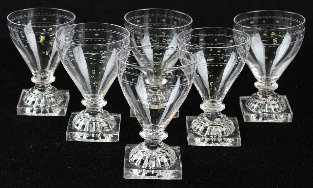 6 free blown flint glass goblets on pressed bases (1 of 8)